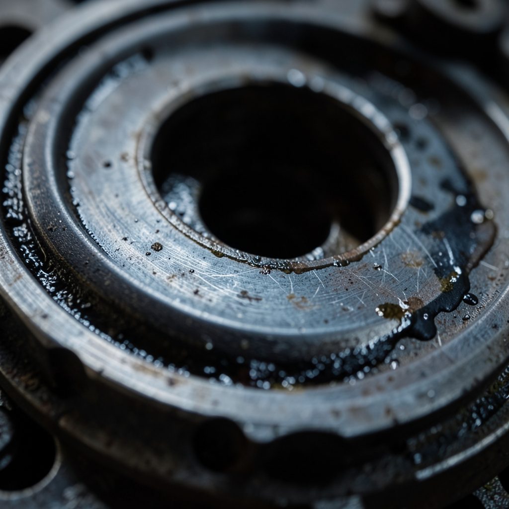 Extreme close-up of weathered engine flywheel rim, dark steel with fine scratches and oil residue, muted industrial tones