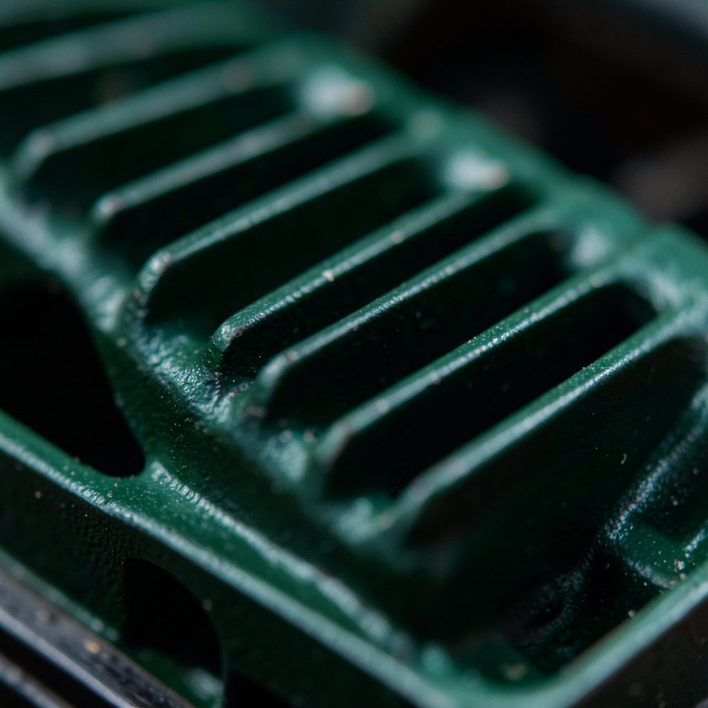 Extreme close-up of dark green engine cylinder head with cooling fins, soft directional light revealing texture