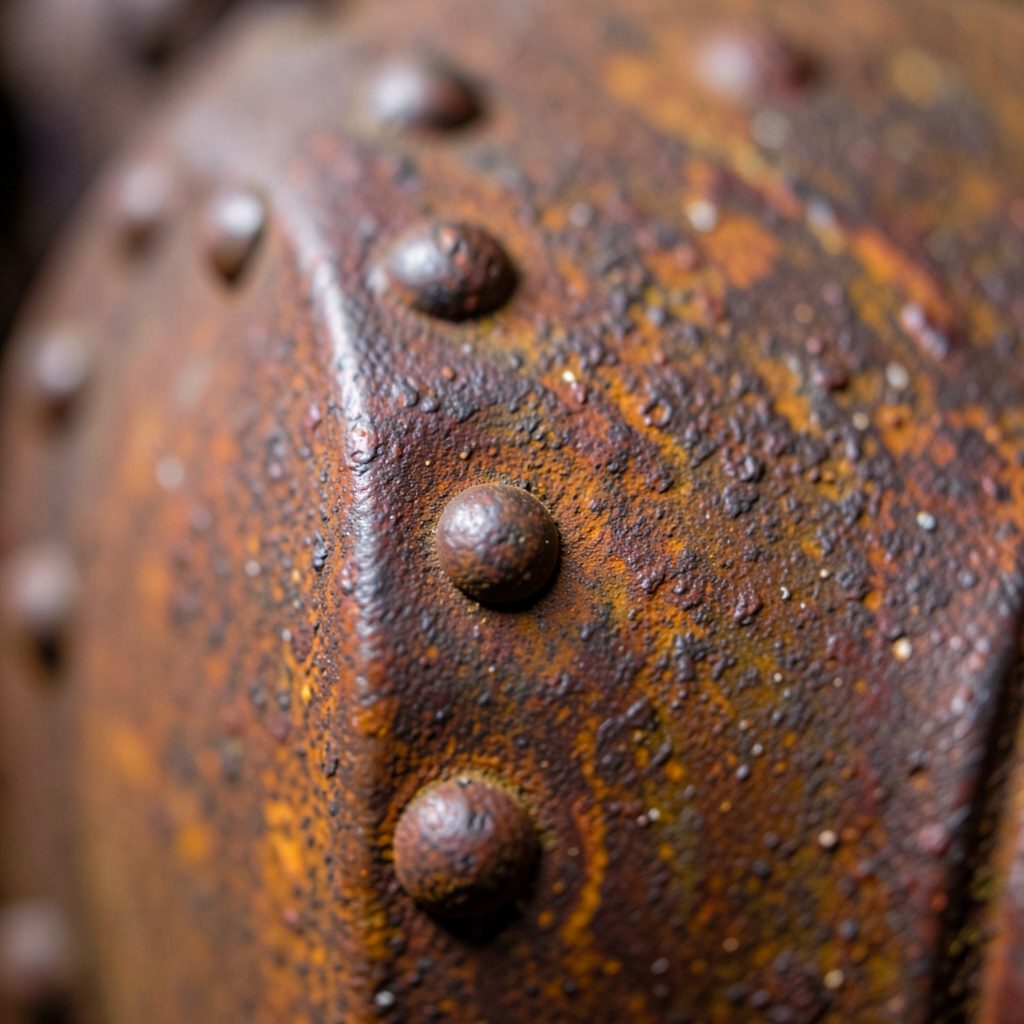 Extreme close-up of riveted metal surface on vintage machinery, warm rust-brown patina with hints of original paint