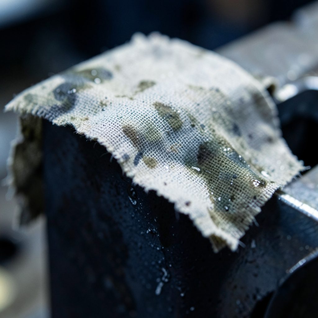 Extreme close-up of oily workshop rag draped over a steel component, muted greys and deep navy tones