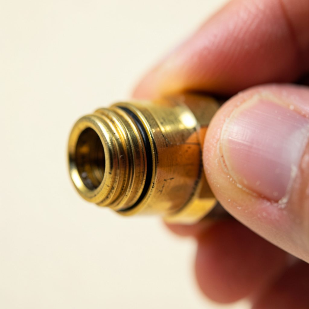 Extreme close-up of hand-turned brass oiler fitting, polished highlights against soft cream background