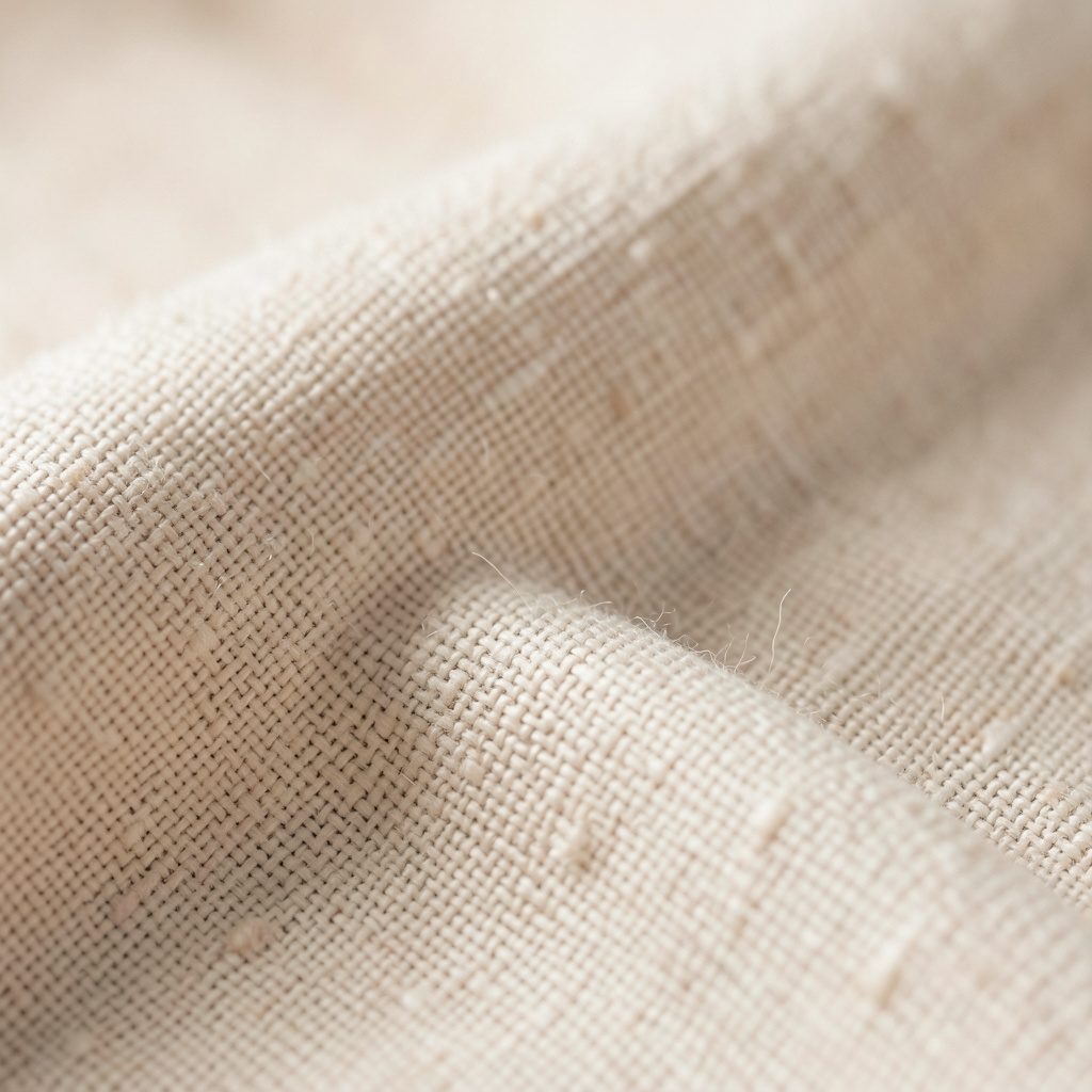 Extreme close-up of textured cream linen fabric with subtle weave pattern, soft natural light, warm neutral tones
