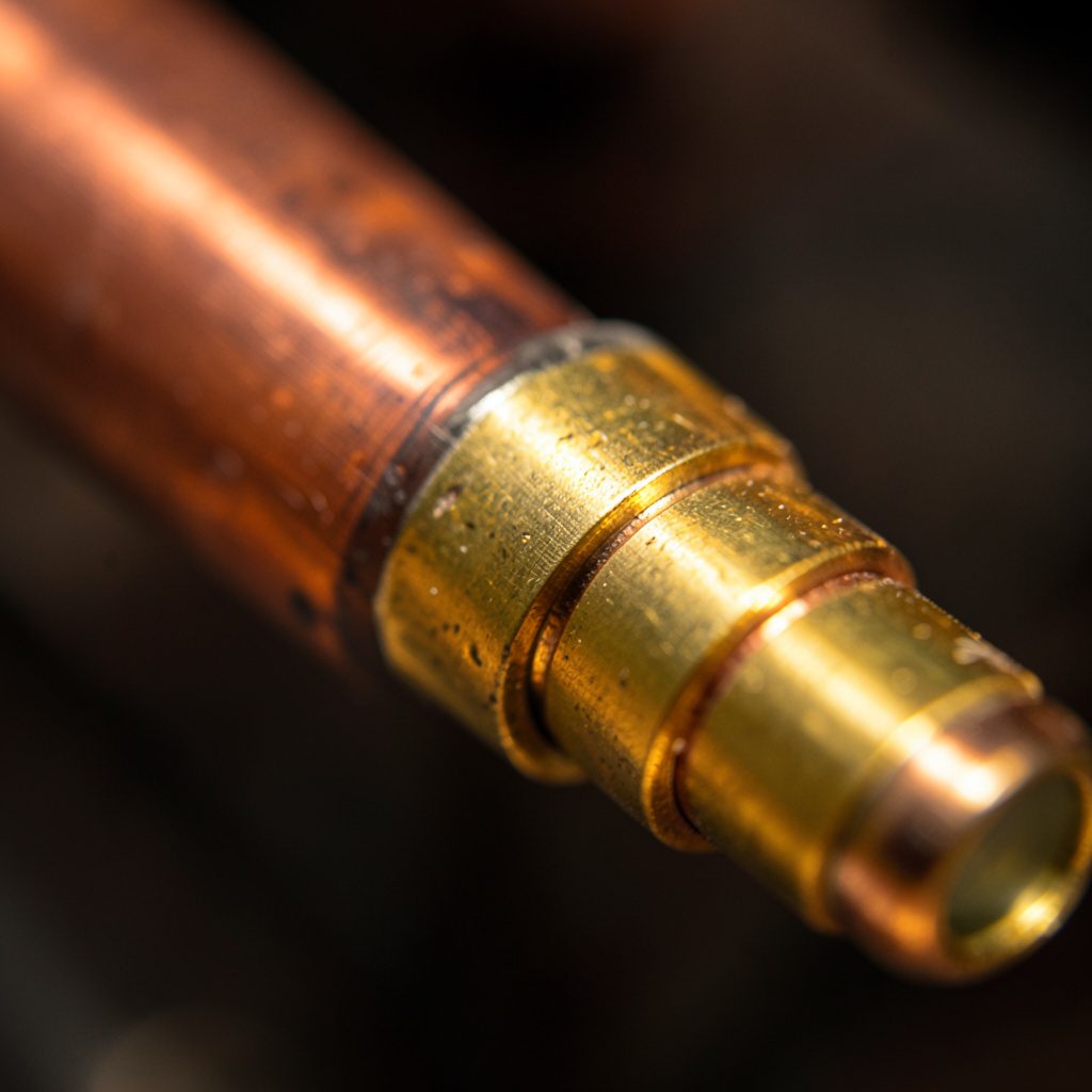 Extreme close-up of copper fuel line with brass compression fitting, warm metallic tones