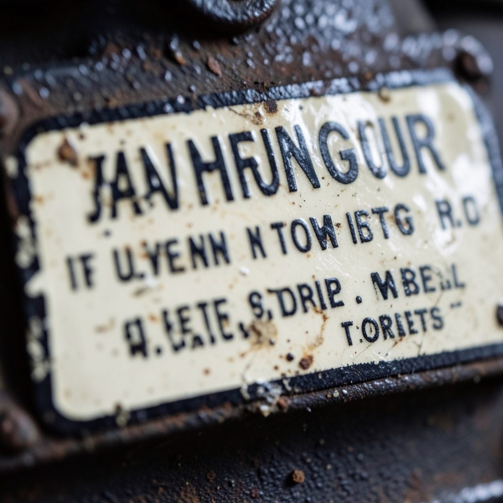 Extreme close-up of weathered engine instruction plate, cream enamel with dark lettering