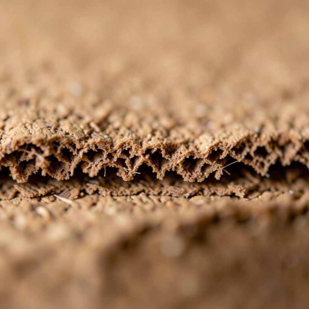 Extreme close-up of cork gasket material with compressed edge, warm brown tones