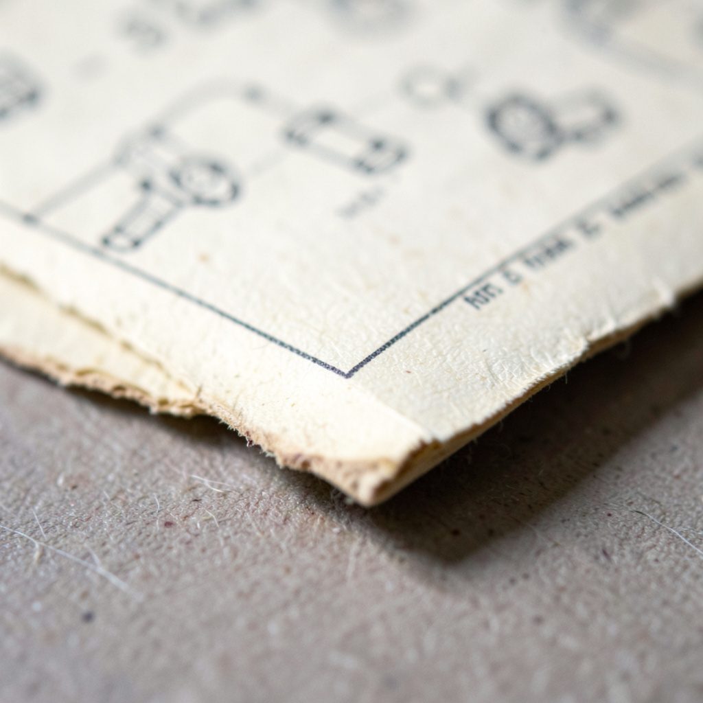 Extreme close-up of vintage engine manual page corner, cream paper with aged edges and faint ink diagrams