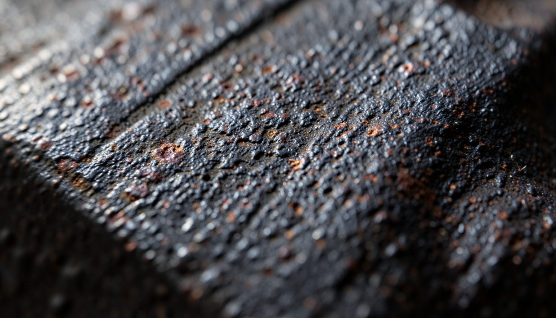 Extreme close-up of aged cast iron, its dark charcoal-grey surface covered in fine pitting and a faint bloom of russet oxidation, catching soft side light that reveals the grain of decades-old machining marks.
