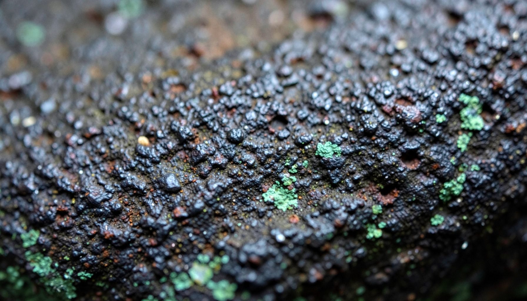 Extreme close-up of aged cast iron, its dark grey surface covered in fine pitting and a faint bloom of rust, with traces of old green paint clinging to the grain