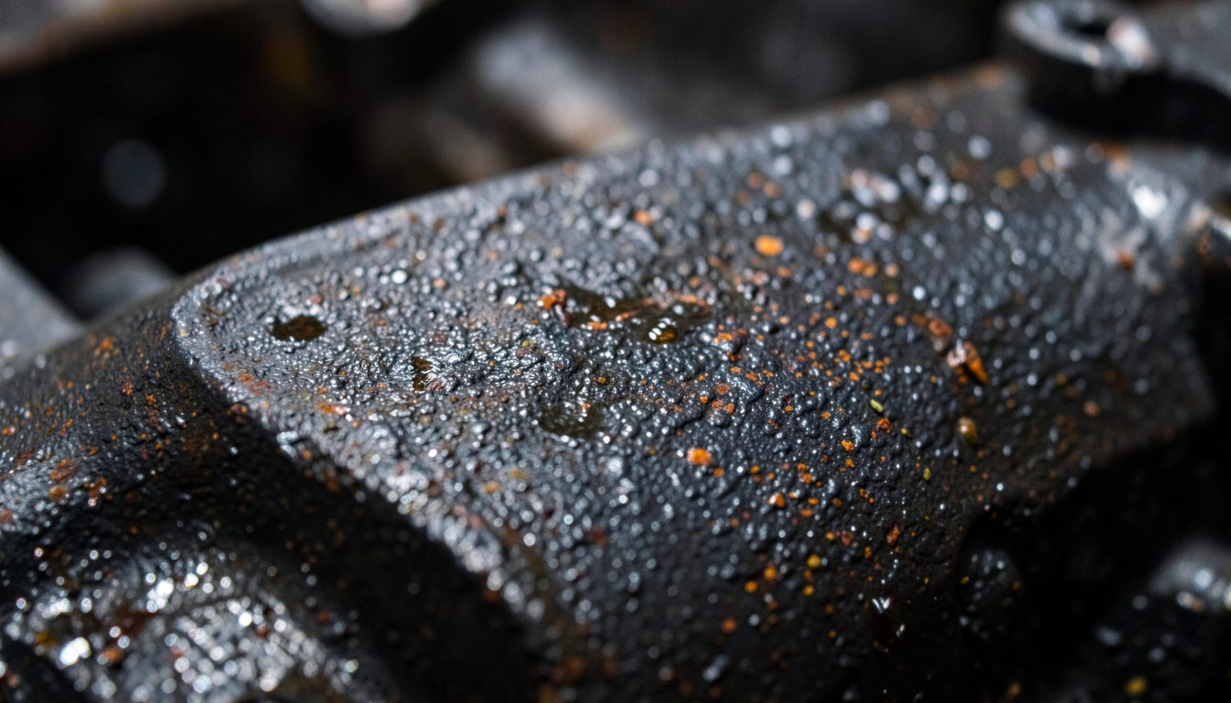 Extreme close-up photograph of aged cast iron engine casing, showing a dark charcoal-grey surface with fine pitting, scattered flecks of rust-orange, and a subtle oily sheen catching the light.